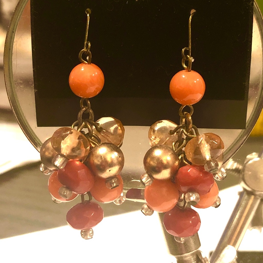 VTG 90s Orange Rust Gold Dangle Cluster Bauble Beaded Pierced Earrings~ 1 7/8"